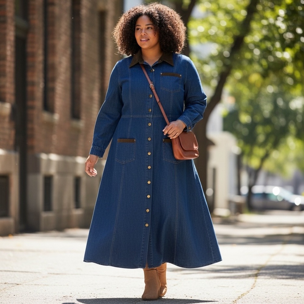 Hunters‎ Run Blue Denim Maxi Dress Leather Trim Brass Button Front Plus B2 2X